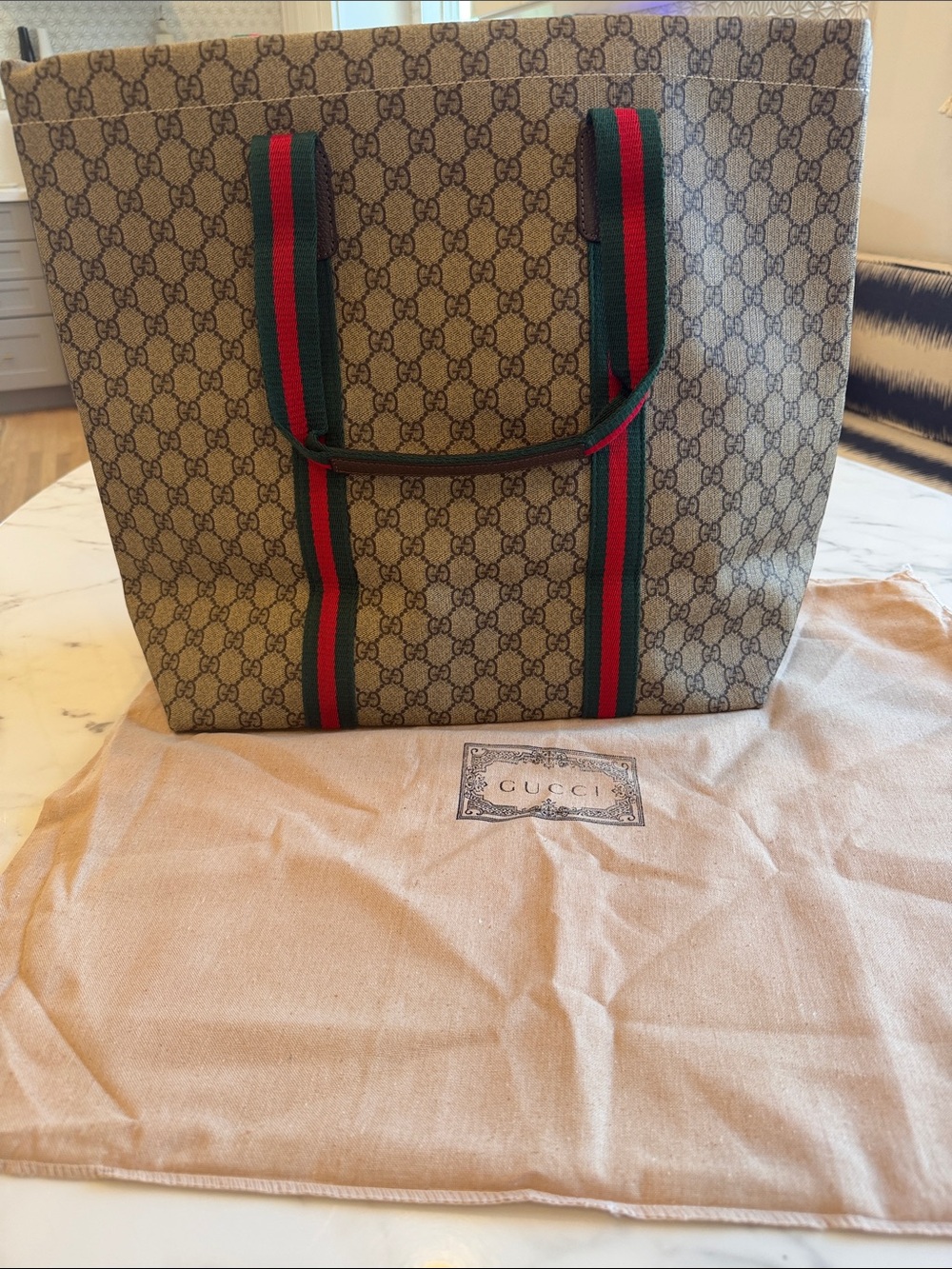 “Gucci” Beige GG Canvas Tote with Green and Red Web Straps - Picture 2 of 11